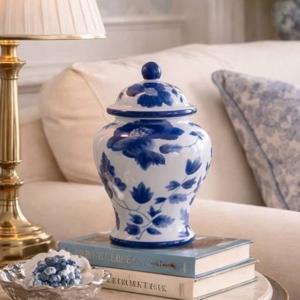 Scentsy 💙 INDIGO Ginger Jar Warmer Blue Floral Hand Painted New Release NIB